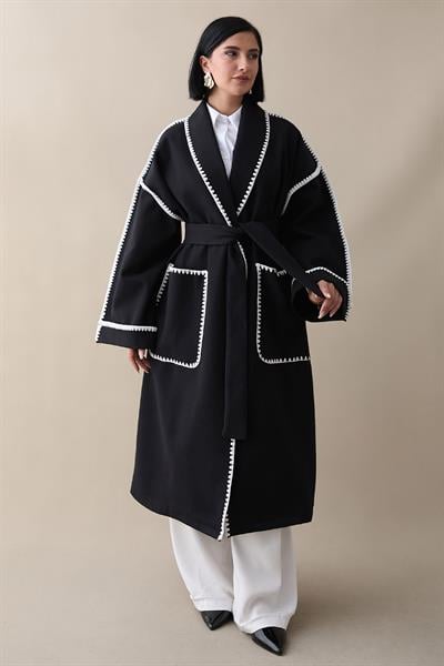 Çoban Dikiş Kuşaklı Siyah Kaşe Kap