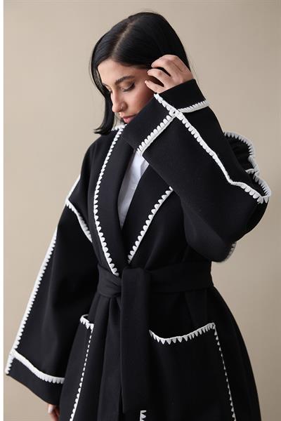 Çoban Dikiş Kuşaklı Siyah Kaşe Kap