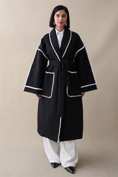 Çoban Dikiş Kuşaklı Siyah Kaşe Kap