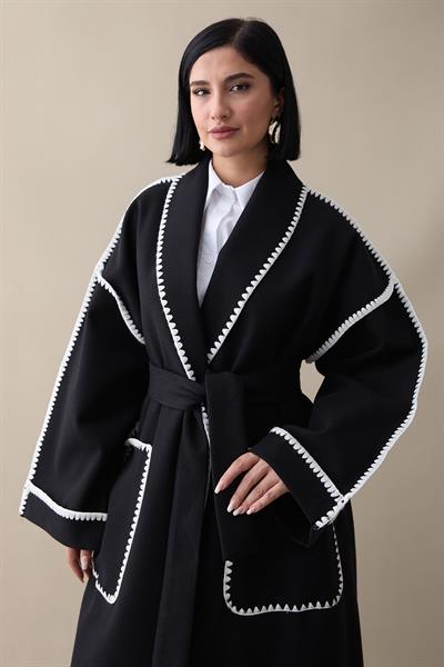 Çoban Dikiş Kuşaklı Siyah Kaşe Kap