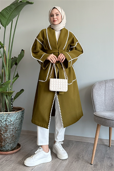 Çoban Dikiş Kuşaklı Yağ Yeşili Kaşe Kap