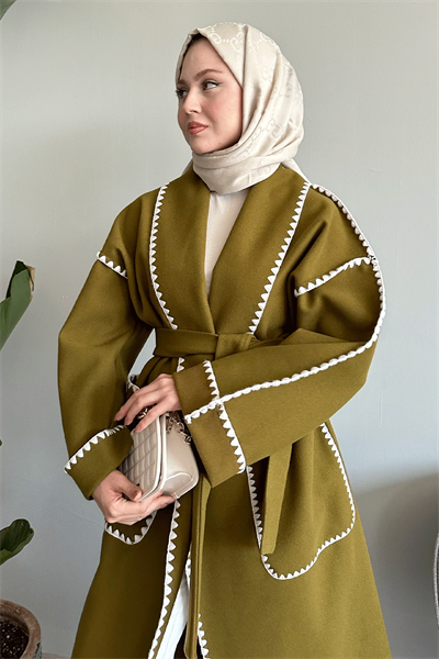 Çoban Dikiş Kuşaklı Yağ Yeşili Kaşe Kap