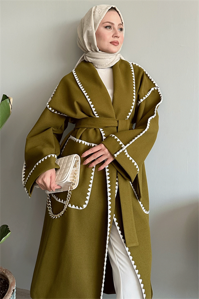 Çoban Dikiş Kuşaklı Yağ Yeşili Kaşe Kap