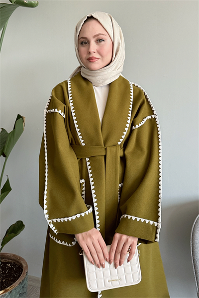 Çoban Dikiş Kuşaklı Yağ Yeşili Kaşe Kap