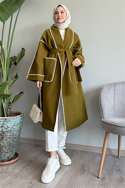 Çoban Dikiş Kuşaklı Yağ Yeşili Kaşe Kap