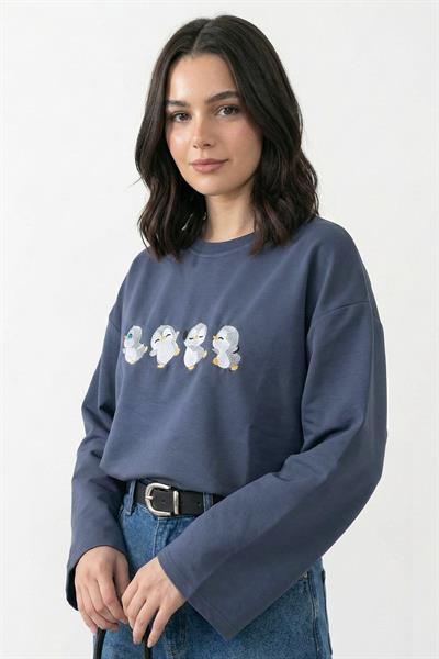 Çoklu Penguen Nakışlı Oversize Antrasit Sweat