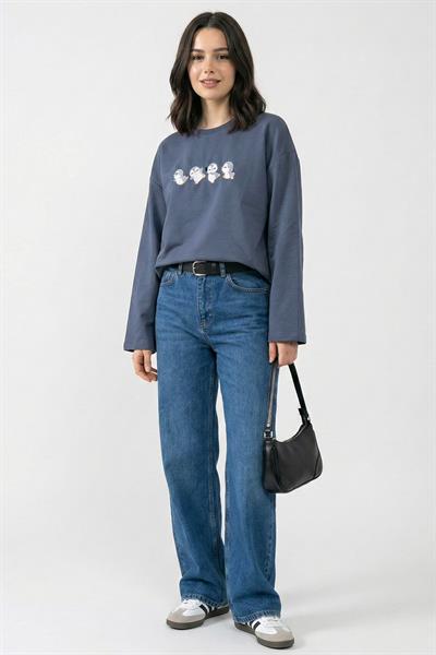 Çoklu Penguen Nakışlı Oversize Antrasit Sweat