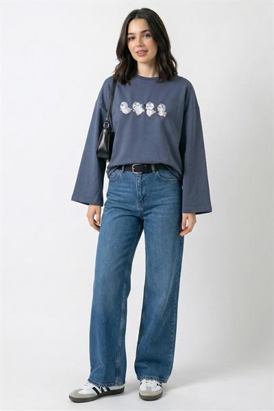 Çoklu Penguen Nakışlı Oversize Antrasit Sweat