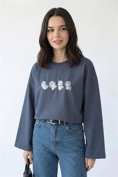 Çoklu Penguen Nakışlı Oversize Antrasit Sweat