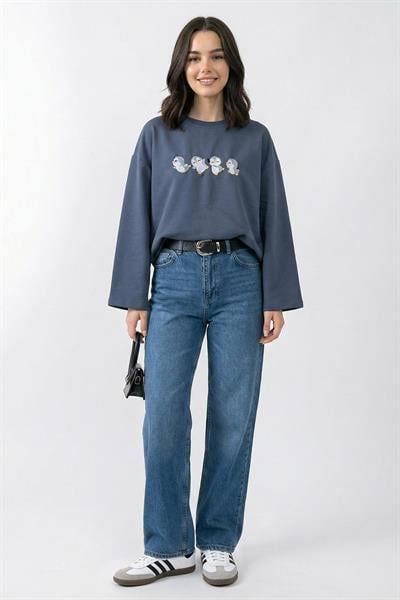 Çoklu Penguen Nakışlı Oversize Antrasit Sweat
