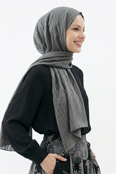 Dalga Desen Antrasit Jakarlı Pamuk Şal