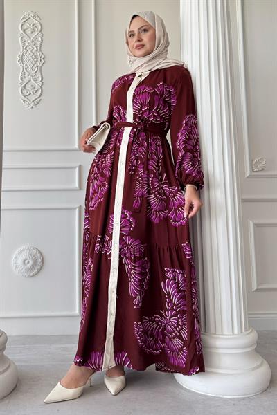 Dalgalı Yaprak Desen Mor Viskon Elbise