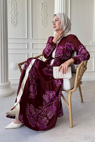 Dalgalı Yaprak Desen Mor Viskon Elbise