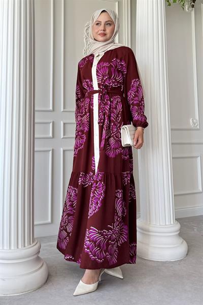 Dalgalı Yaprak Desen Mor Viskon Elbise