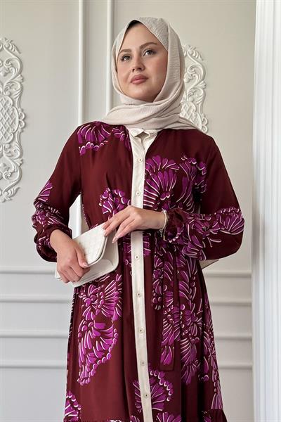 Dalgalı Yaprak Desen Mor Viskon Elbise