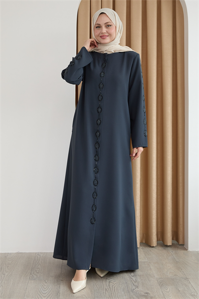 Damla Taş Desenli Antrasit Ferace