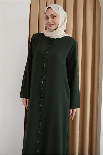 Damla Taş Desenli Haki Ferace