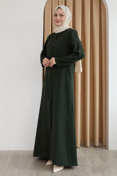 Damla Taş Desenli Haki Ferace