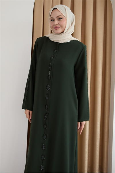 Damla Taş Desenli Haki Ferace