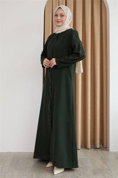 Damla Taş Desenli Haki Ferace