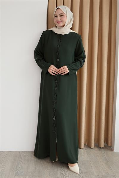 Damla Taş Desenli Haki Ferace