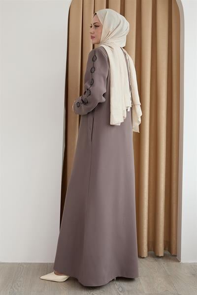 Damla Taş Desenli Kahverengi Ferace