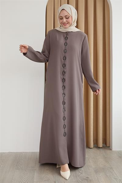 Damla Taş Desenli Kahverengi Ferace