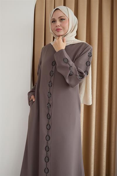 Damla Taş Desenli Kahverengi Ferace