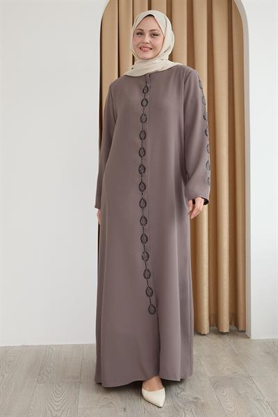 Damla Taş Desenli Kahverengi Ferace