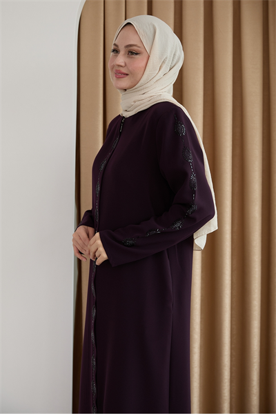 Damla Taş Desenli Mor Ferace