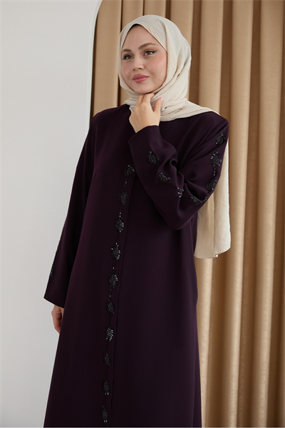 Damla Taş Desenli Mor Ferace