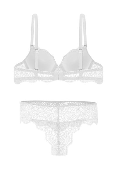 Dantelli Dekolte Dolgulu Push-Up Takım - Ekru - 2735