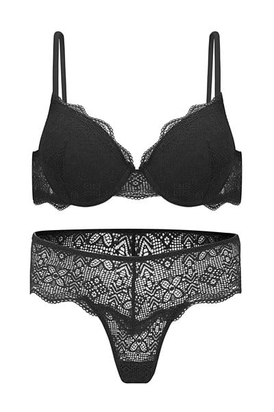 Dantelli Dekolte Dolgulu Push-Up Takım - Siyah - 2735