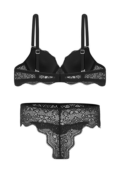 Dantelli Dekolte Dolgulu Push-Up Takım - Siyah - 2735