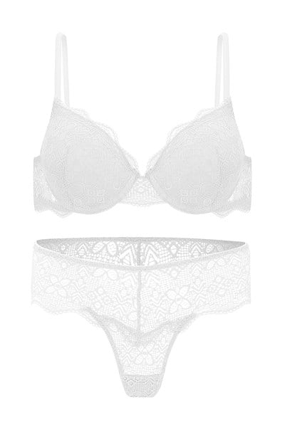 Dantelli Dekolte Dolgulu Push-Up Takım - Ekru - 2735