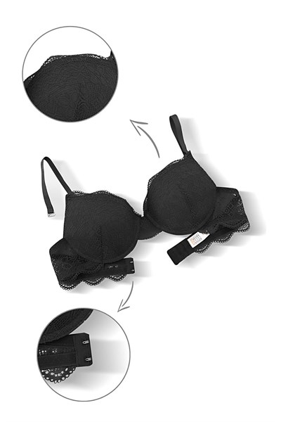 Dantelli Dekolte Dolgulu Push-Up Takım - Siyah - 2735