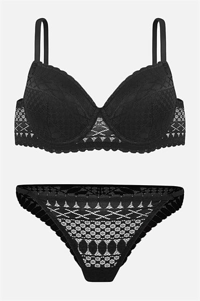 Dantelli İç Çamaşır Takımı Push Up Destekli - Siyah - 2721