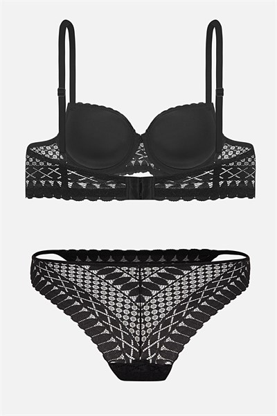 Dantelli İç Çamaşır Takımı Push Up Destekli - Siyah - 2721