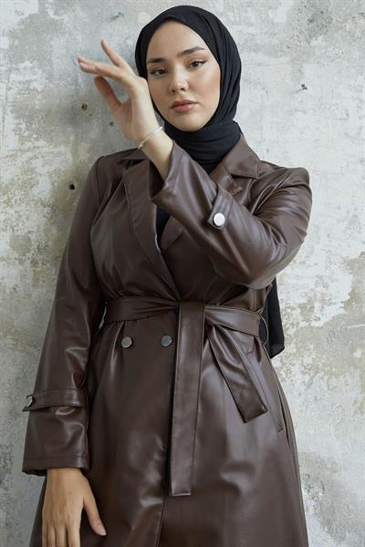 Darina Kuşaklı Deri Acı Kahve Trenç