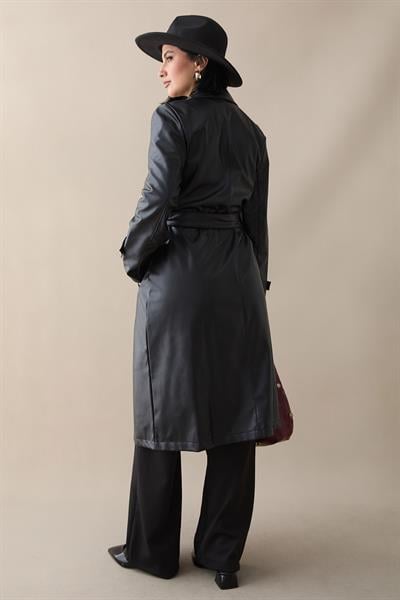 Darina Kuşaklı Deri Siyah Trenç