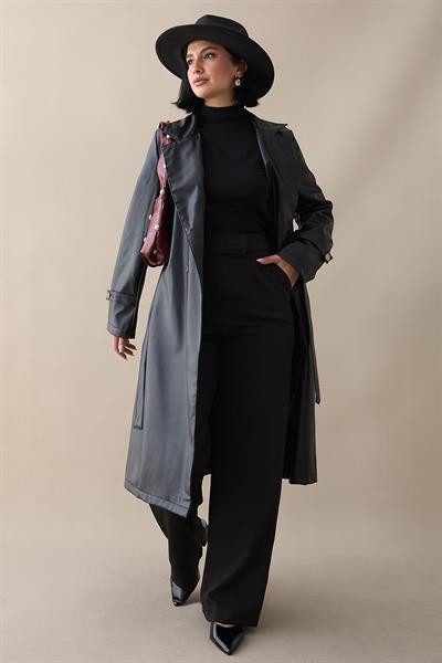 Darina Kuşaklı Deri Siyah Trenç