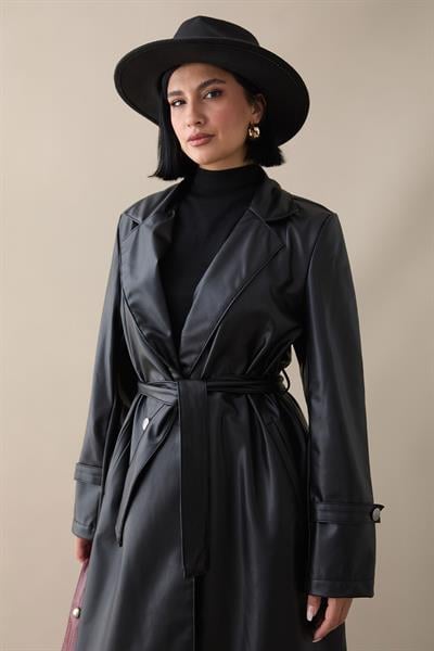 Darina Kuşaklı Deri Siyah Trenç