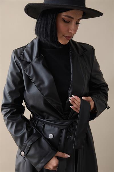 Darina Kuşaklı Deri Siyah Trenç