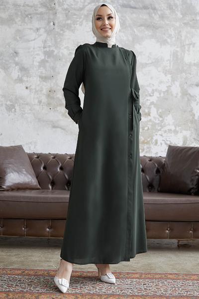 Davies Yandan Düğmeli Kuşaklı Haki Ferace