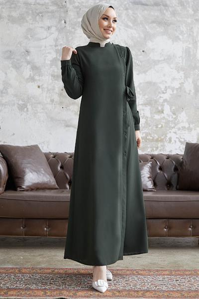 Davies Yandan Düğmeli Kuşaklı Haki Ferace