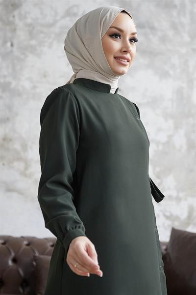 Davies Yandan Düğmeli Kuşaklı Haki Ferace