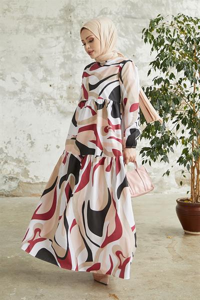 Delya Patchwork Belted Dress - Burgundy