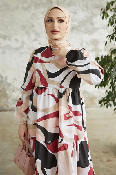 Delya Patchwork Belted Dress - Burgundy