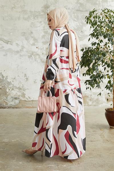 Delya Patchwork Belted Dress - Burgundy