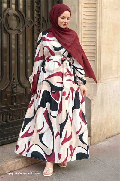 Delya Patchwork Belted Dress - Burgundy